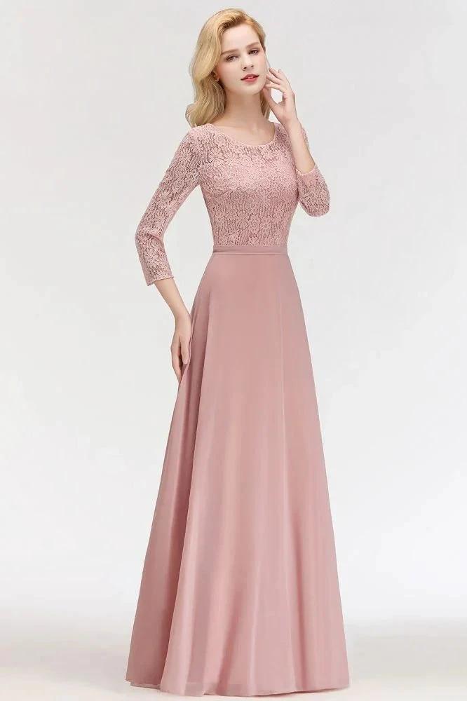A-line Floor Length Lace Chiffon Bridesmaid Dresses with Sleeves (ZD13033)