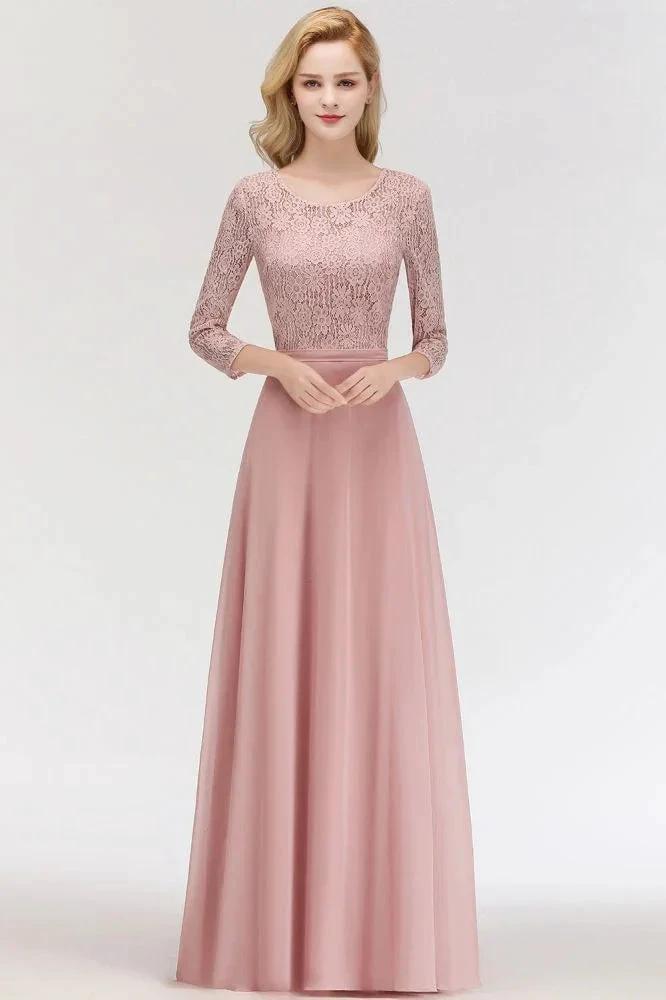 A-line Floor Length Lace Chiffon Bridesmaid Dresses with Sleeves by misshow.com
