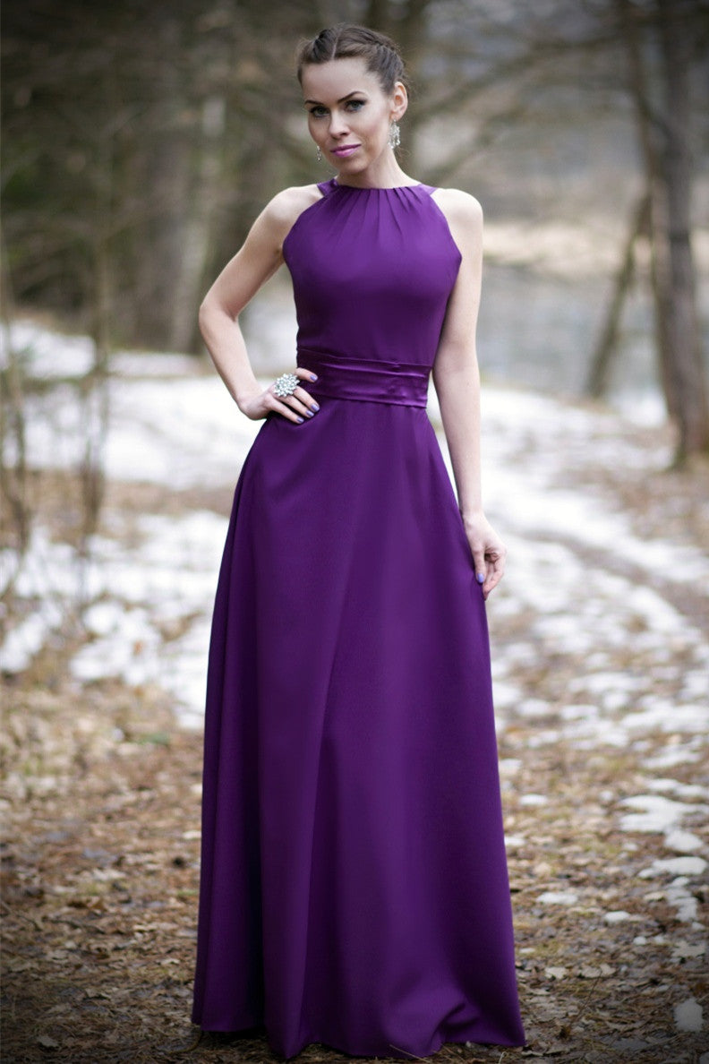 A-Line Halter Floor-Length Charmeuse Back-bow Evening Dress