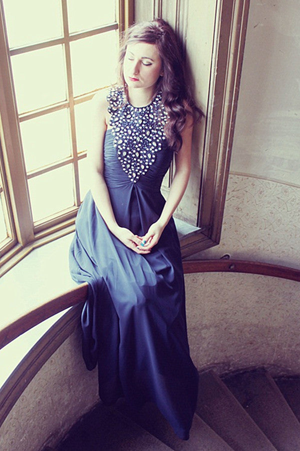 A-Line Halter Floor-Length Sleeveless Chiffon Rhinestone Evening Dress