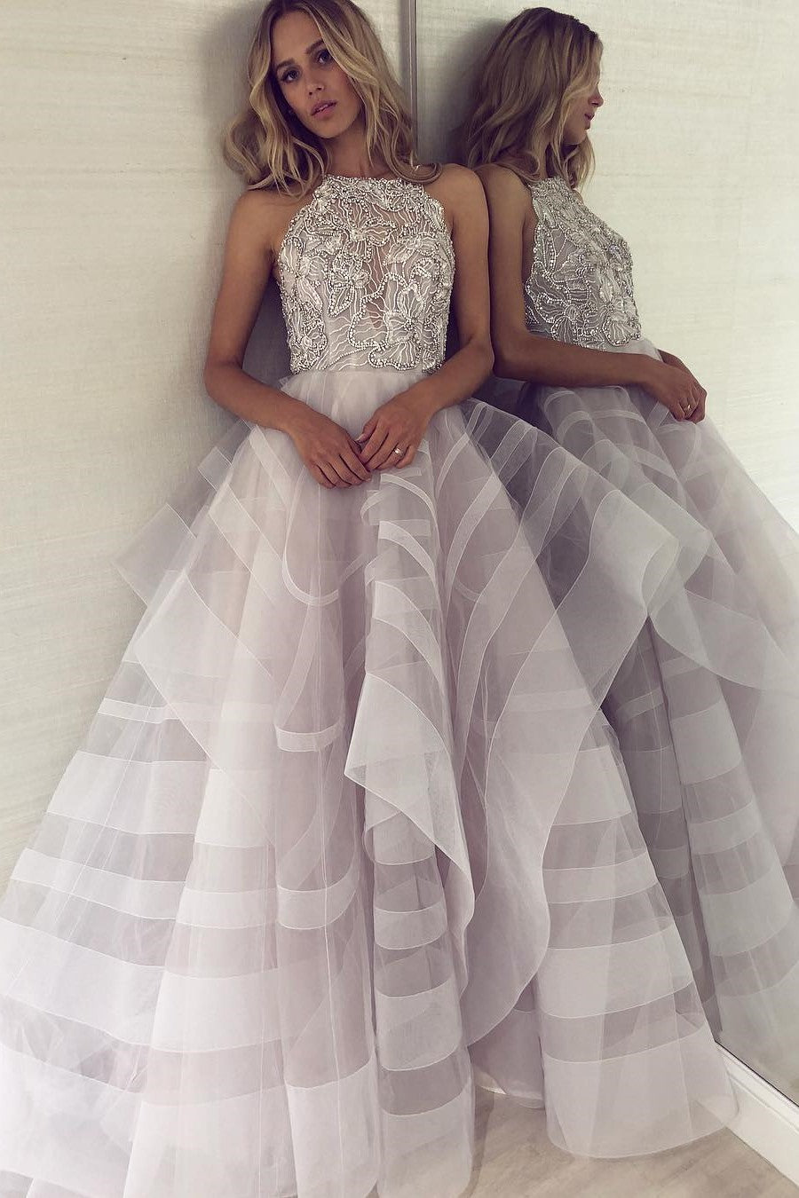 A-Line Halter Irregular Hem Floor-Length Organza Backless Beading Evening Dress