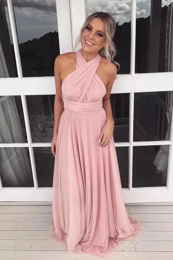 A-line Halter Pink Chiffon Long Bridesmaid Dress 4 Bridesmaid BD075 by pgmdress