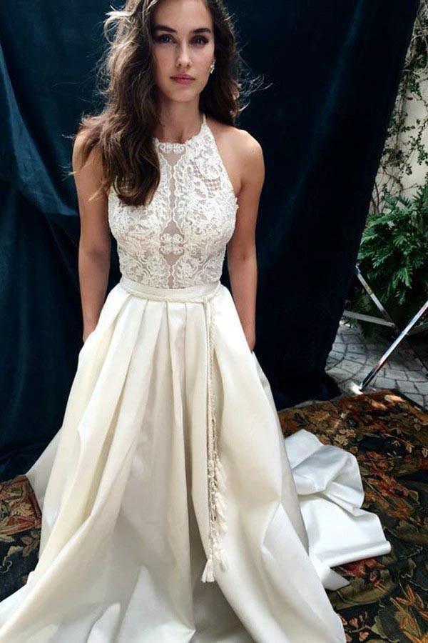 A-Line Halter Sweep Train Ivory Satin Wedding Dress with Lace (ZD15341)