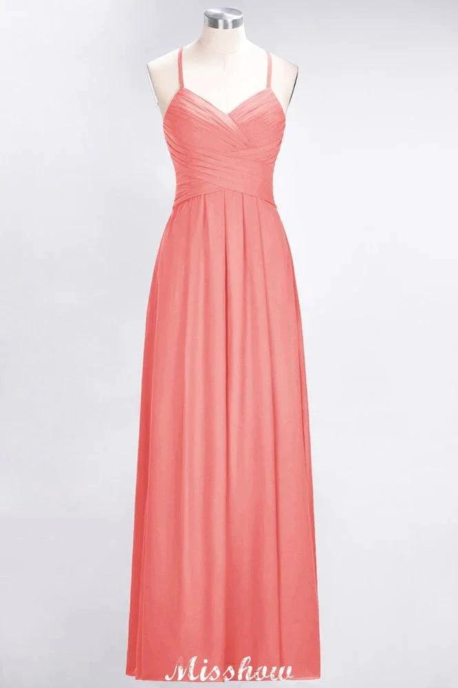 A-Line Halter V-Neck Sleeveless Bridesmaid Dress Ruffles Evening Swing Dress by misshow.com