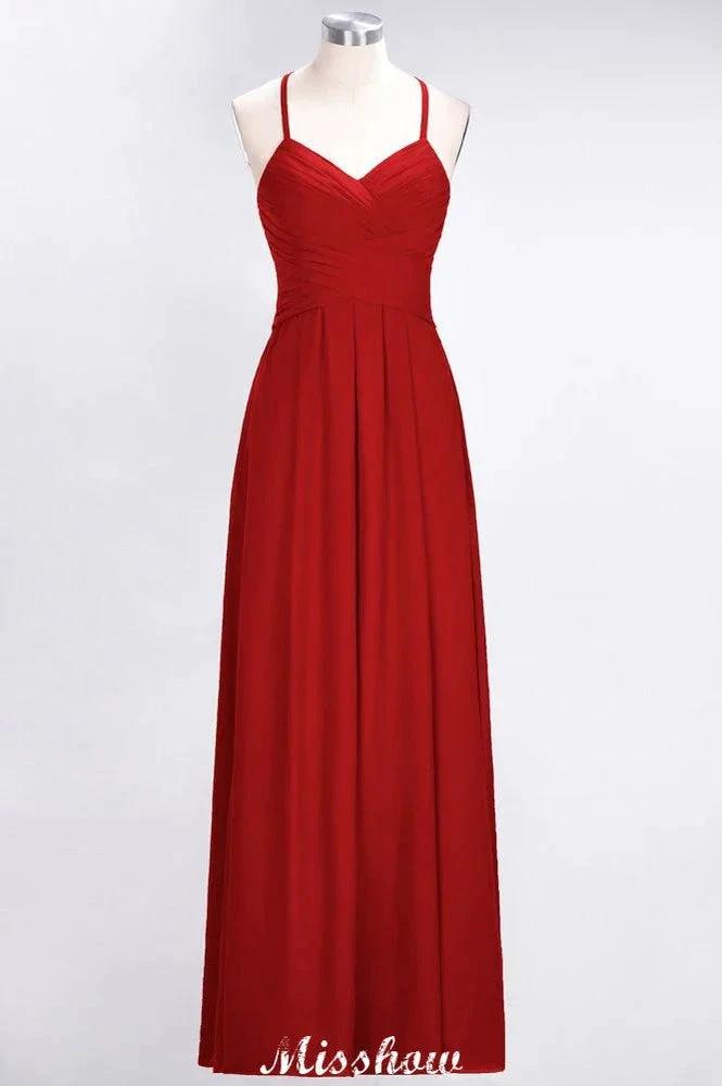 A-Line Halter V-Neck Sleeveless Bridesmaid Dress Ruffles Evening Swing Dress by misshow.com
