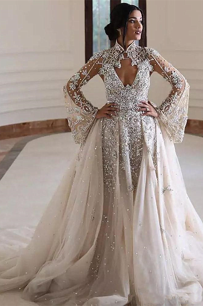 A-Line High Collar Long Sleeves Long Train Backless Beaded Wedding Dress