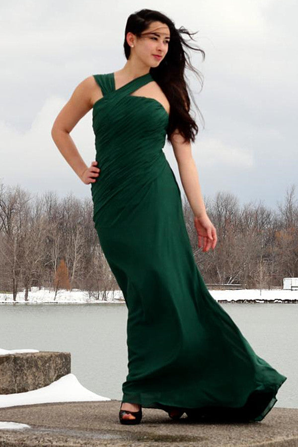A-Line Irregular Shoulder Strap Floor-Length Chiffon Evening Dress