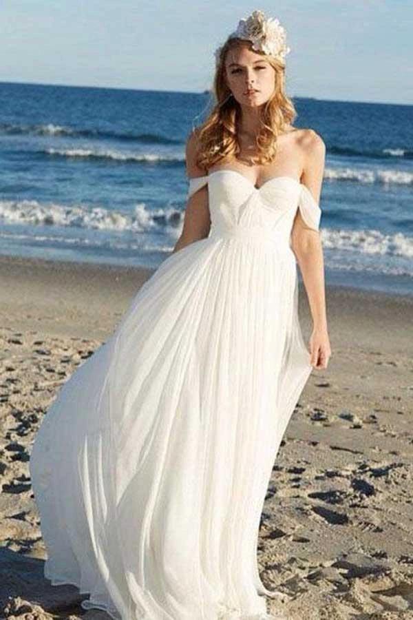 A-line Ivory Chiffon Off the Shoulder Summer Beach Wedding Dresses (ZD15404)