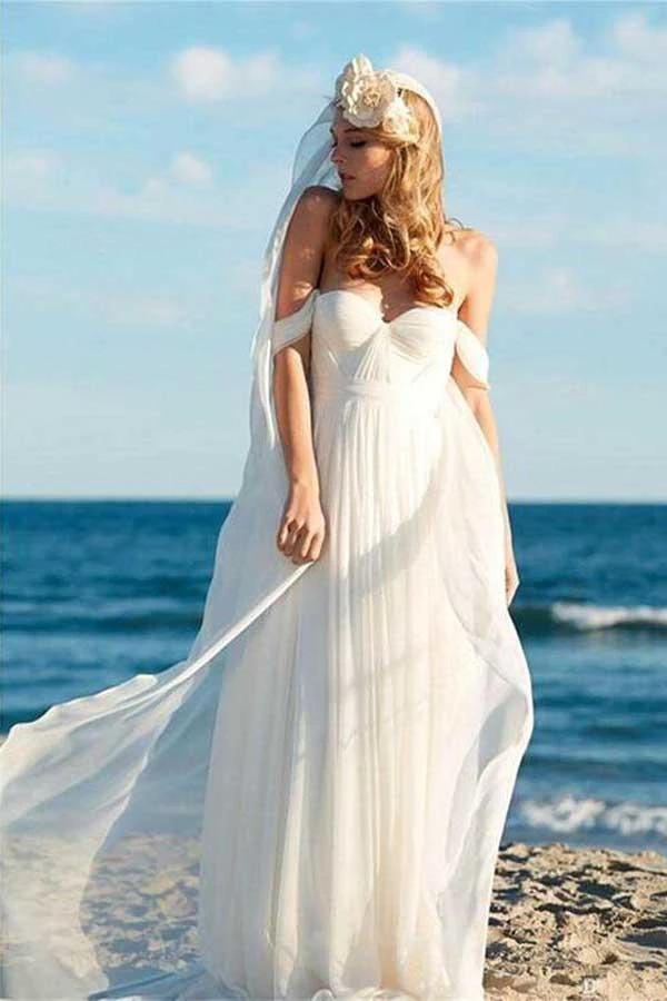 A-line Ivory Chiffon Off the Shoulder Summer Beach Wedding Dresses (ZD15404)