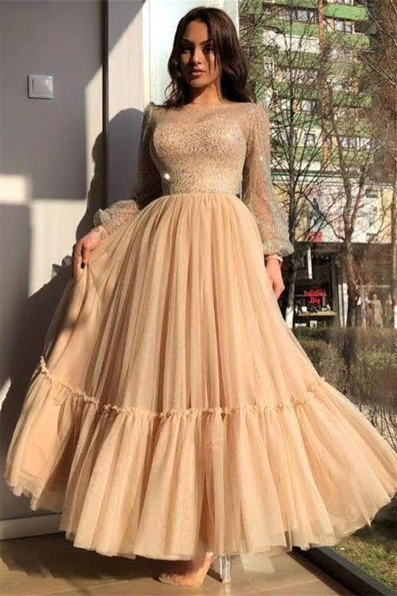 A-Line Jewel Ankle Length Multiple Layers Long Sleeve Sequined Prom Dress