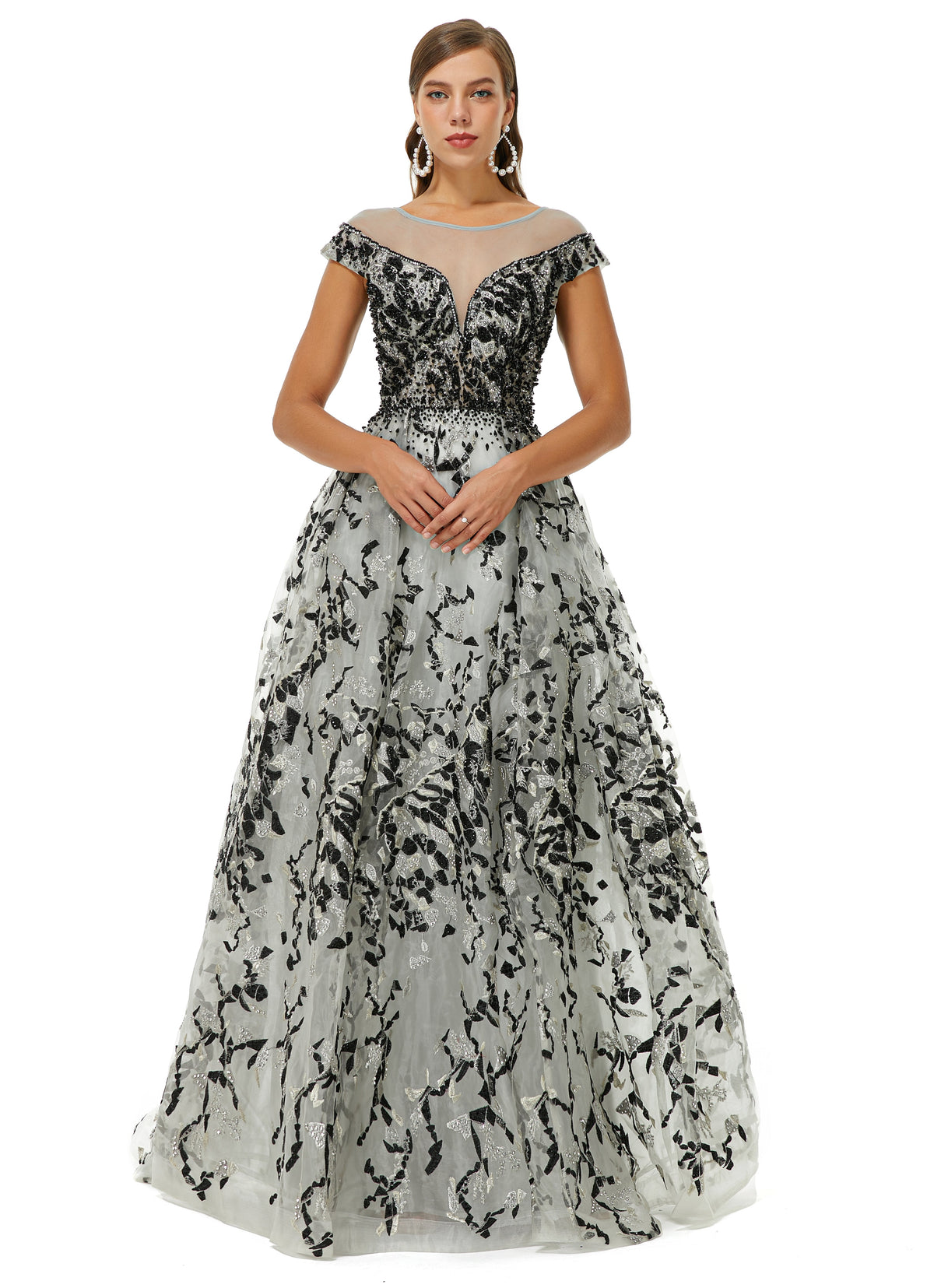 A-Line Jewel Beaded Floor-Length cap sleeve Sequined Prom Dress