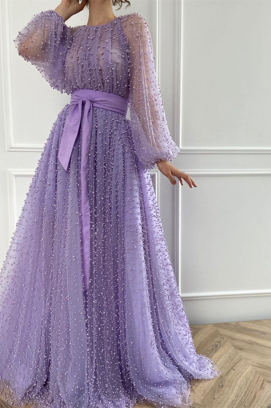 A-Line Jewel Beaded Tulle Floor-Length Long Sleeve Classy Prom Dress