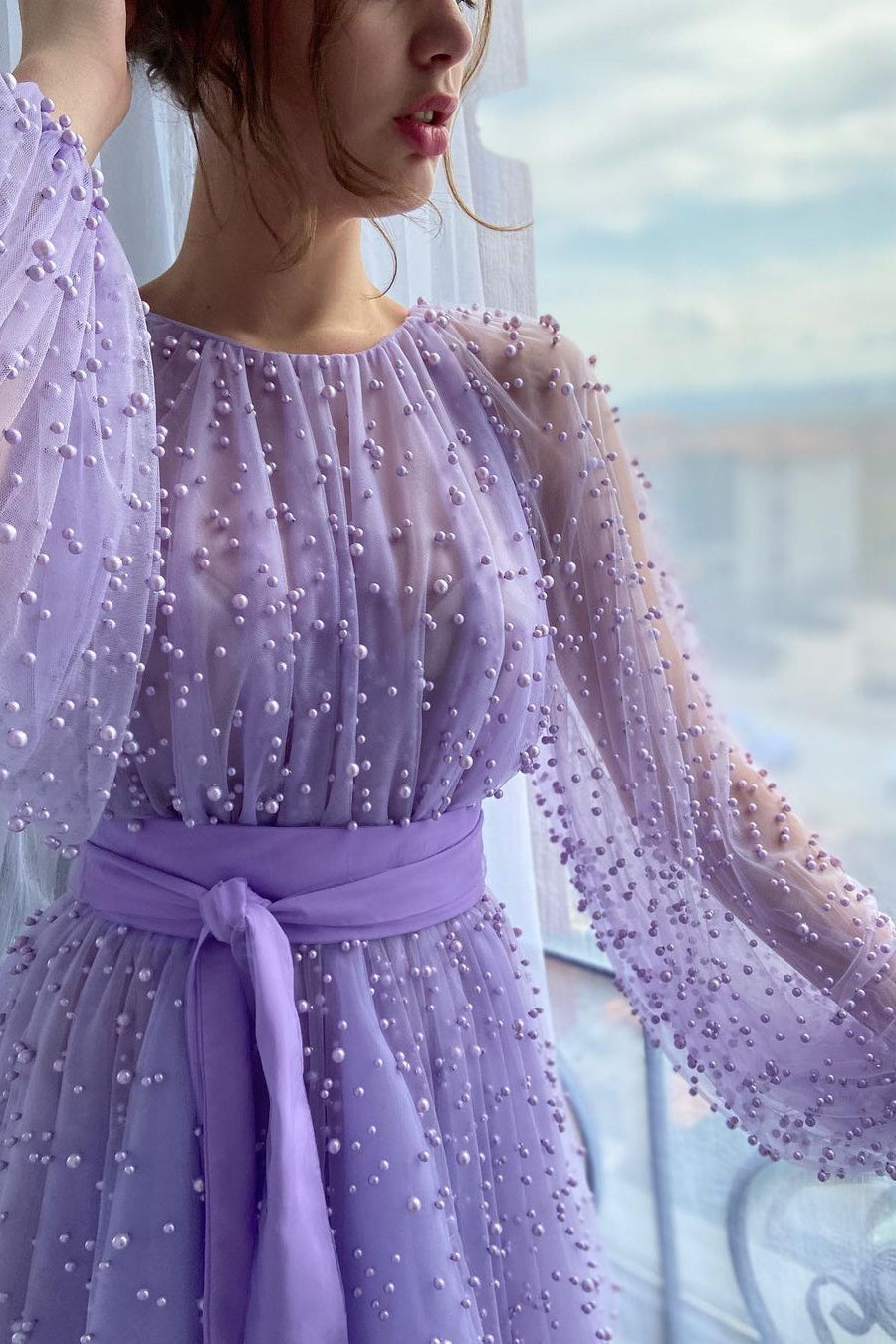 A-Line Jewel Beaded Tulle Tea-Length Long Sleeve Classy Homecoming Dress
