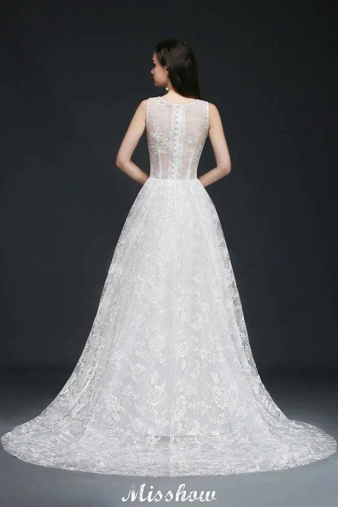 A-line Jewel Court Train Lace Simple Wedding Dresses with Buttons (ZD13932)