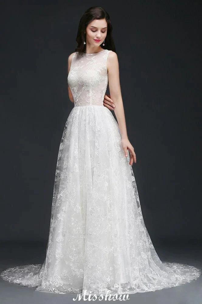 A-line Jewel Court Train Lace Simple Wedding Dresses with Buttons (ZD13932)