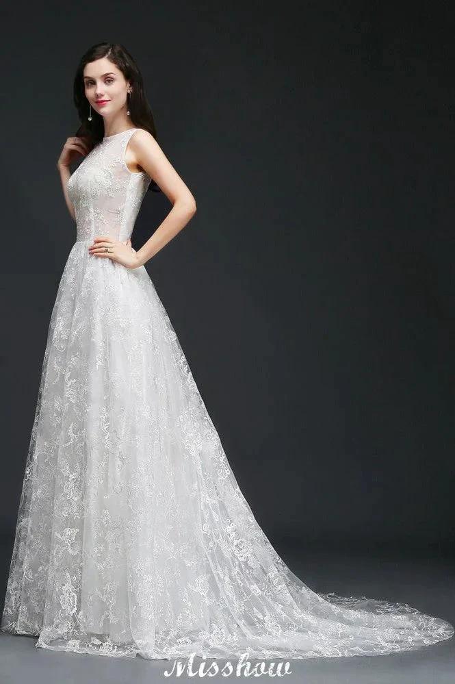 A-line Jewel Court Train Lace Simple Wedding Dresses with Buttons by misshow.com