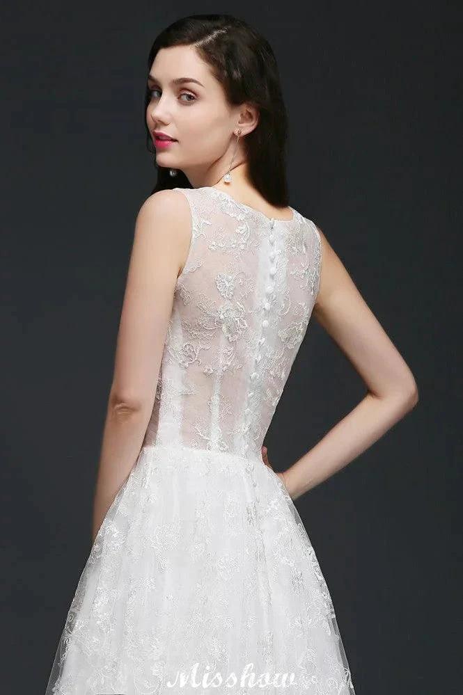 A-line Jewel Court Train Lace Simple Wedding Dresses with Buttons (ZD13932)