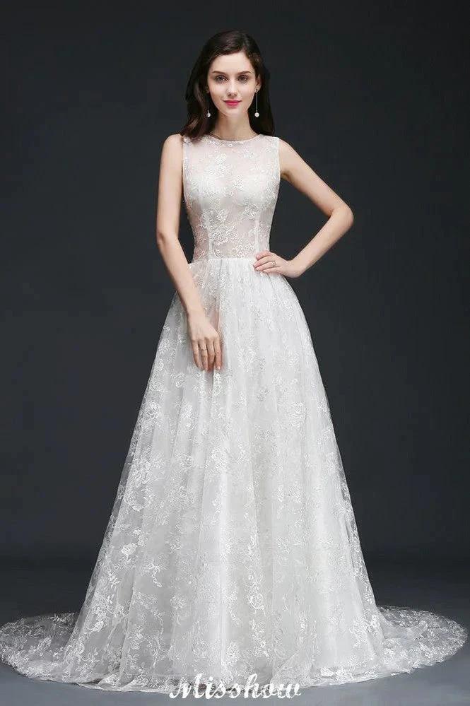 A-line Jewel Court Train Lace Simple Wedding Dresses with Buttons (ZD13932)