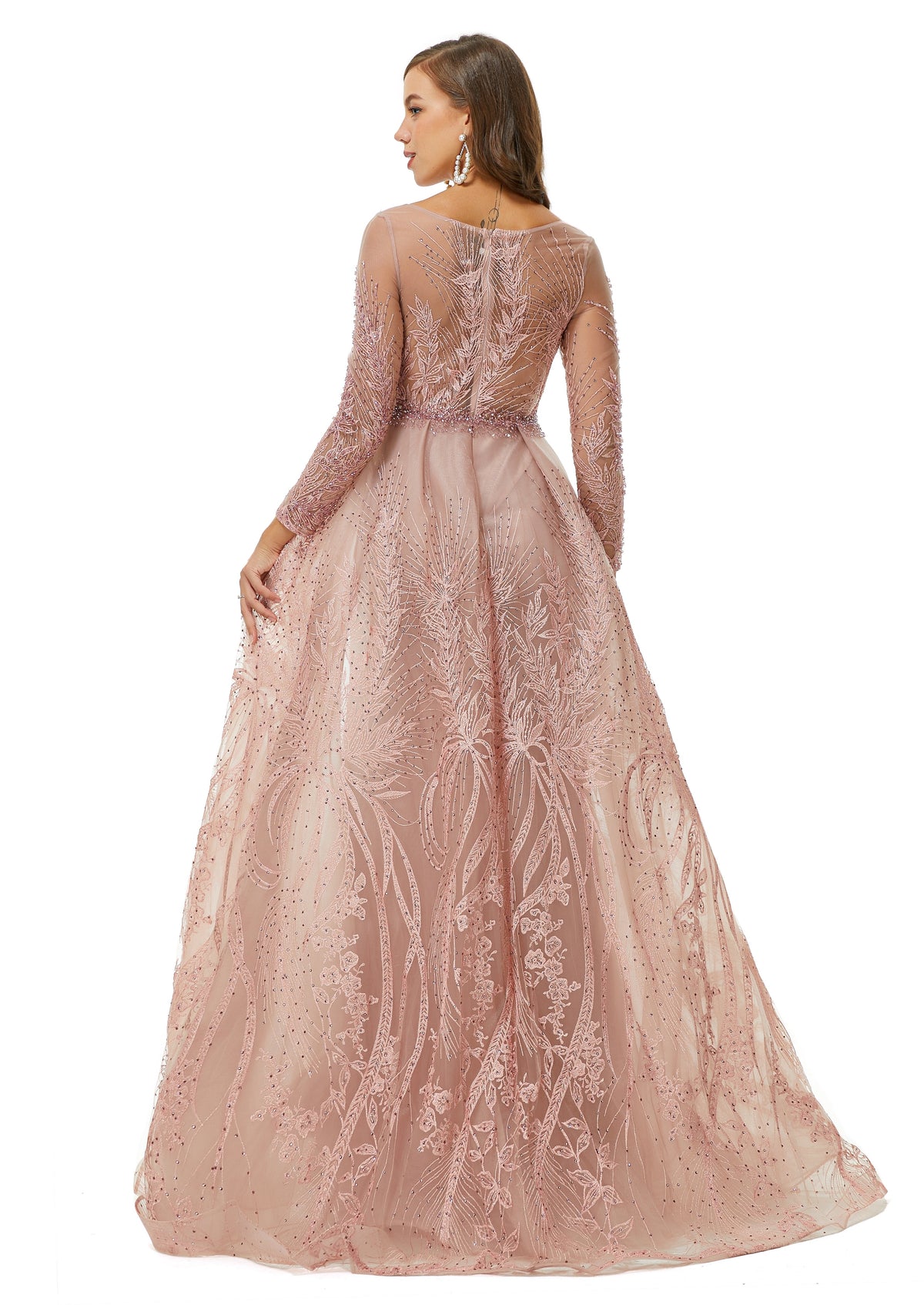 A-Line Jewel Floor-Length Long Sleeve Appliques Lace Sequined Prom Dress