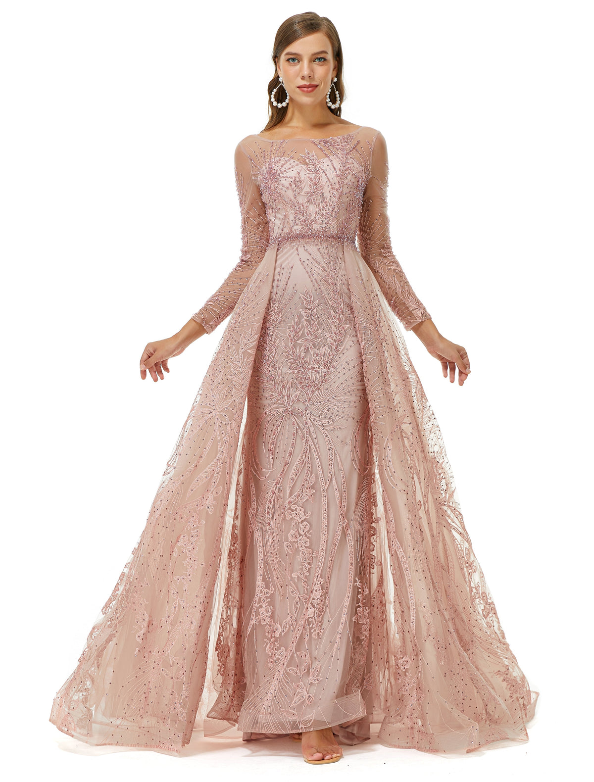 A-Line Jewel Floor-Length Long Sleeve Appliques Lace Sequined Prom Dress