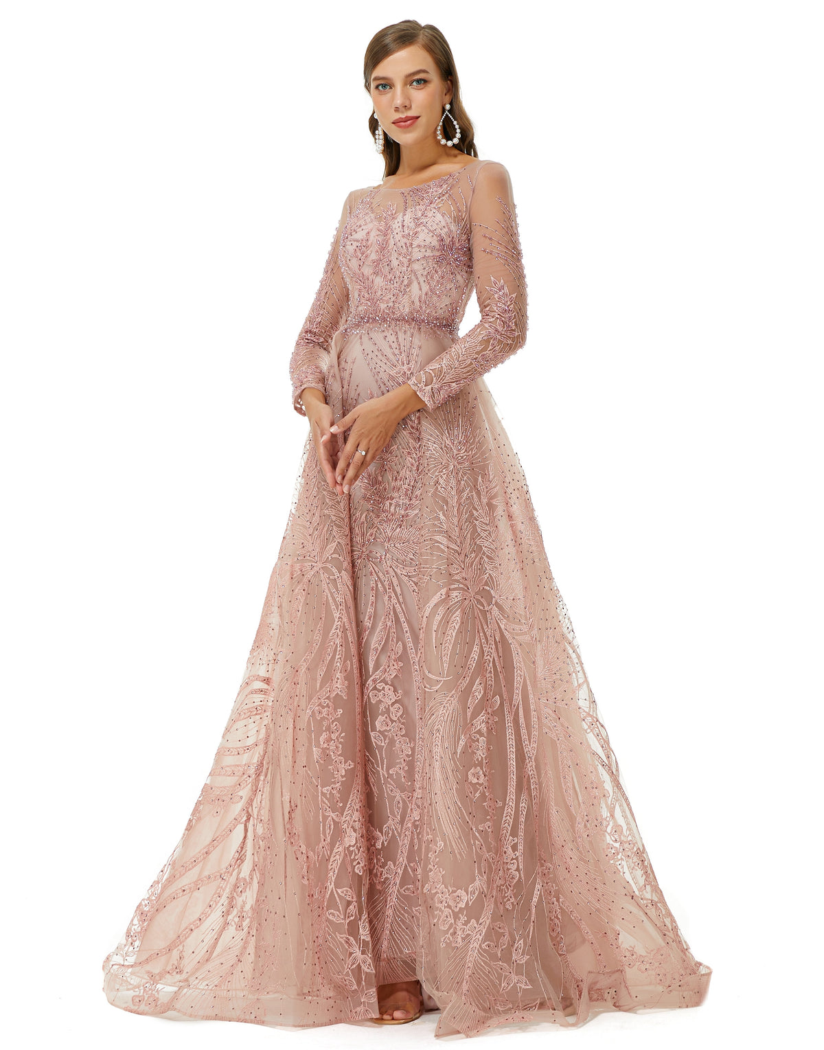 A-Line Jewel Floor-Length Long Sleeve Appliques Lace Sequined Prom Dress