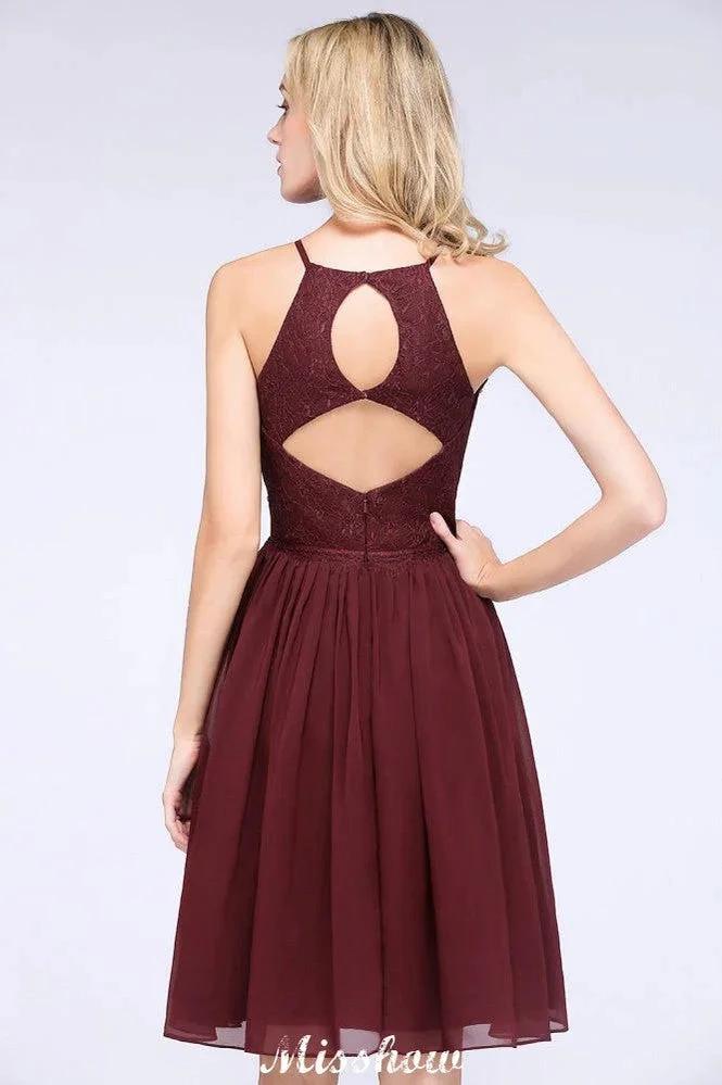 A-line Jewel Sleeveless Knee-Length Bridesmaid Dresses with Ruffle Chiffon Lace Party Dress (ZD12912)