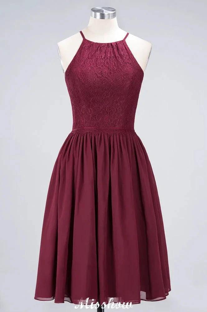 A-line Jewel Sleeveless Knee-Length Bridesmaid Dresses with Ruffle Chiffon Lace Party Dress (ZD12912)