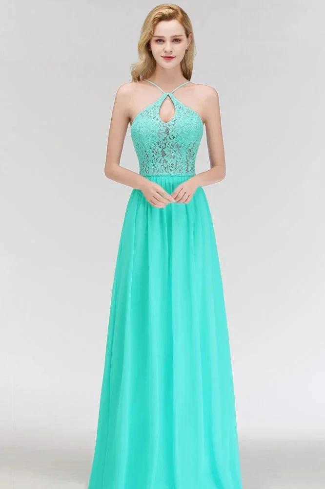 A-line Keyhole Neckline Lace Top Long Spaghetti Bridesmaid Dress (ZD13043)