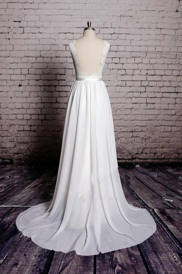 A-line Lace V-Neck Backless Sheath Long Wedding Dress (ZD16383)