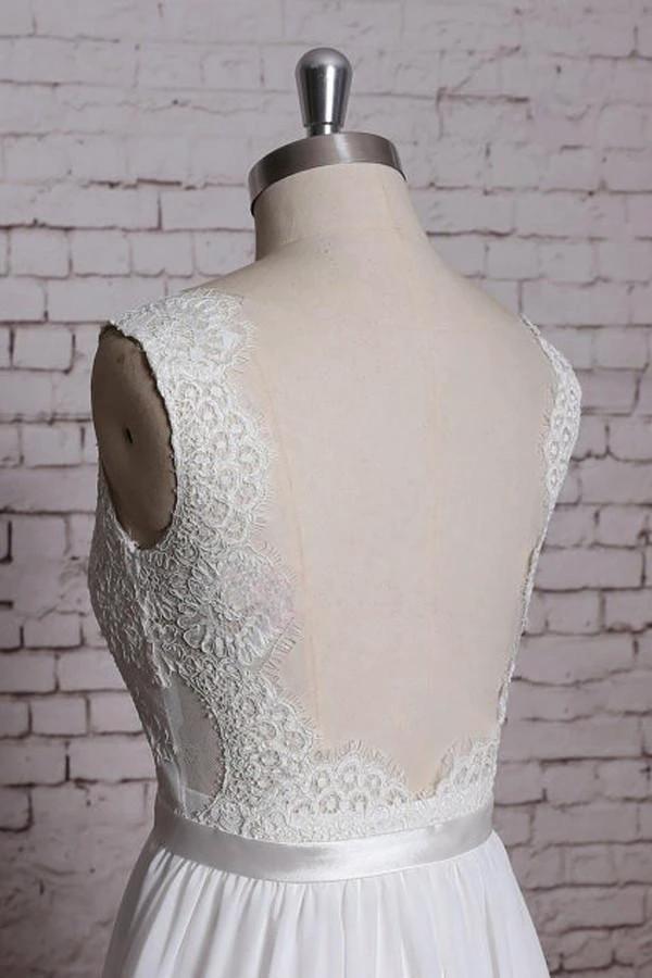 A-line Lace V-Neck Backless Sheath Long Wedding Dress (ZD16383)