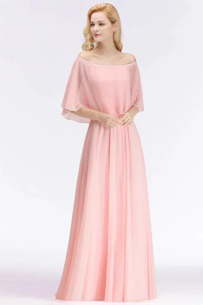 A-line Long Off-the-shoulder Pink Bridesmaid Dresses with Sleeves (ZD13130)