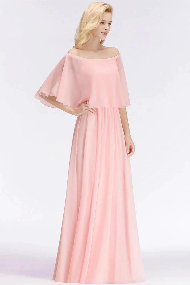A-line Long Off-the-shoulder Pink Bridesmaid Dresses with Sleeves (ZD13130)