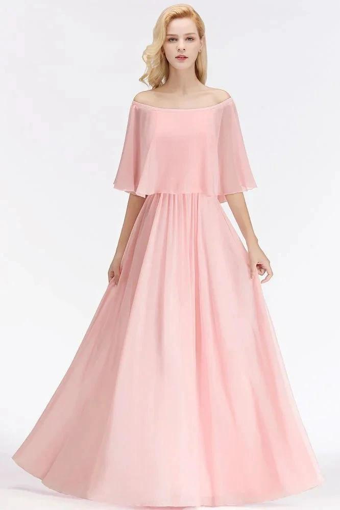 A-line Long Off-the-shoulder Pink Bridesmaid Dresses with Sleeves (ZD13130)