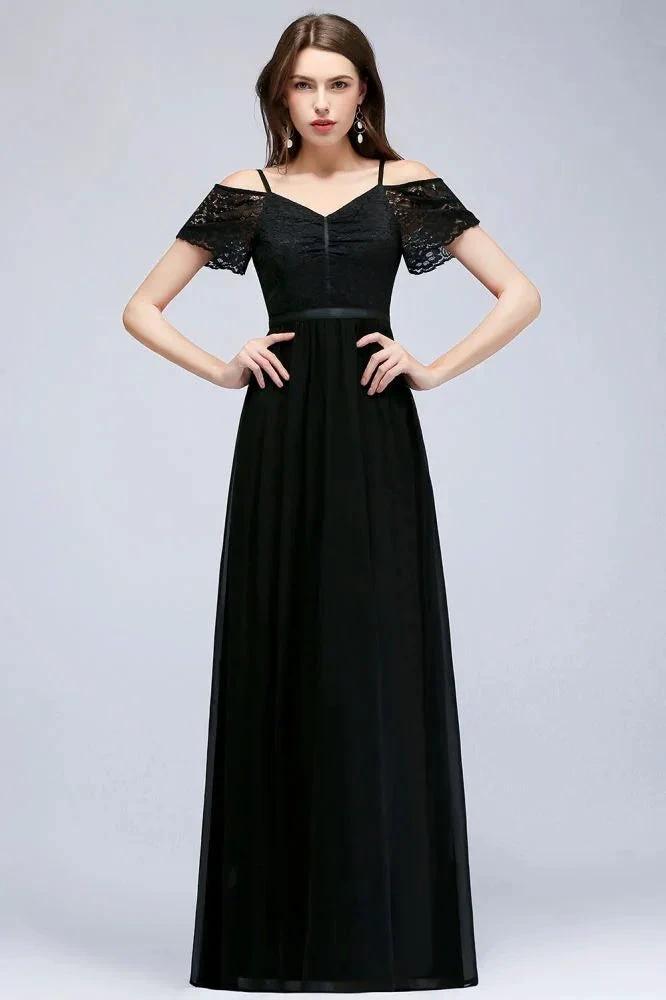A-line Long Spaghetti V-neck Black Lace Chiffon Bridesmaid Dress (ZD13039)