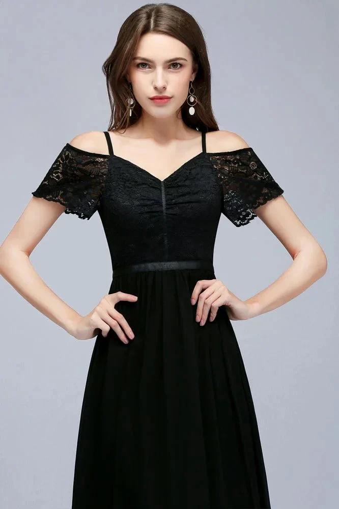 A-line Long Spaghetti V-neck Black Lace Chiffon Bridesmaid Dress (ZD13039)