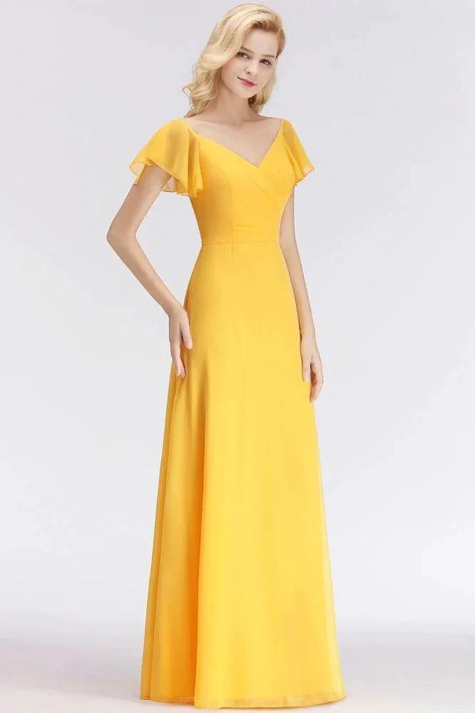 A-line Long V-neck Short Sleeves Yellow Chiffon Bridesmaid Dresses (ZD13052)