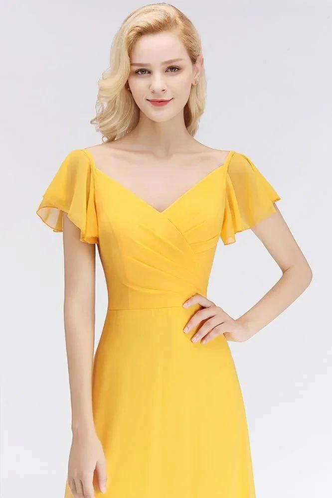 A-line Long V-neck Short Sleeves Yellow Chiffon Bridesmaid Dresses (ZD13052)