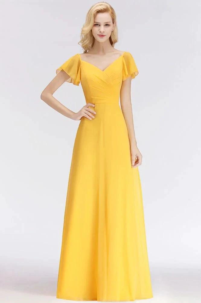 A-line Long V-neck Short Sleeves Yellow Chiffon Bridesmaid Dresses by misshow.com