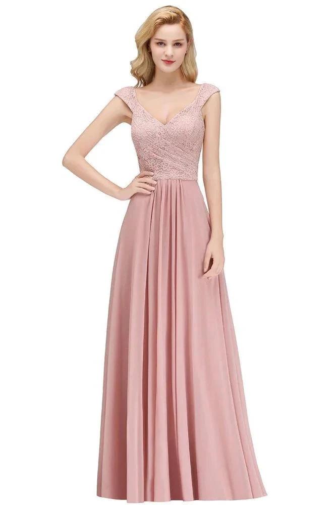 A-line Long V-neck Sleeveless Formal Party Dress Lace Top Chiffon Bridesmaid Dress (ZD13034)
