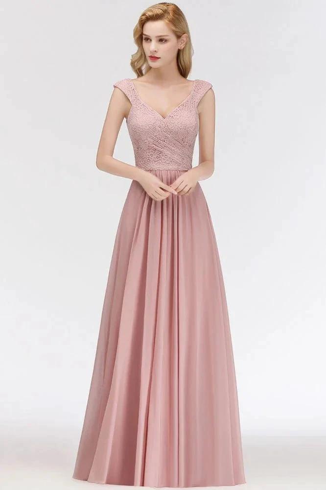 A-line Long V-neck Sleeveless Formal Party Dress Lace Top Chiffon Bridesmaid Dress (ZD13034)