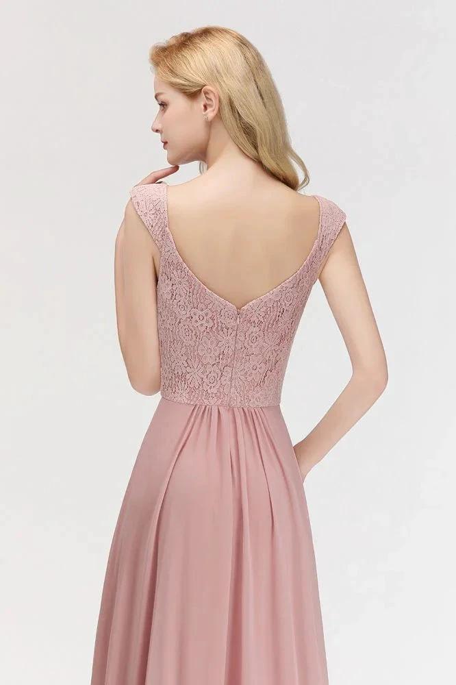 A-line Long V-neck Sleeveless Formal Party Dress Lace Top Chiffon Bridesmaid Dress (ZD13034)