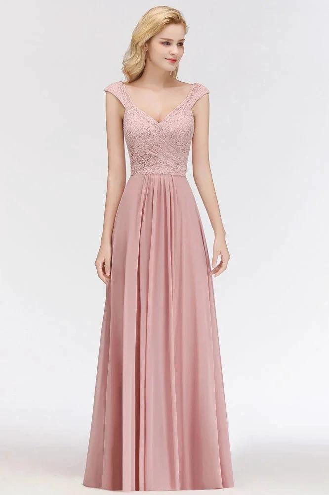 A-line Long V-neck Sleeveless Formal Party Dress Lace Top Chiffon Bridesmaid Dress (ZD13034)