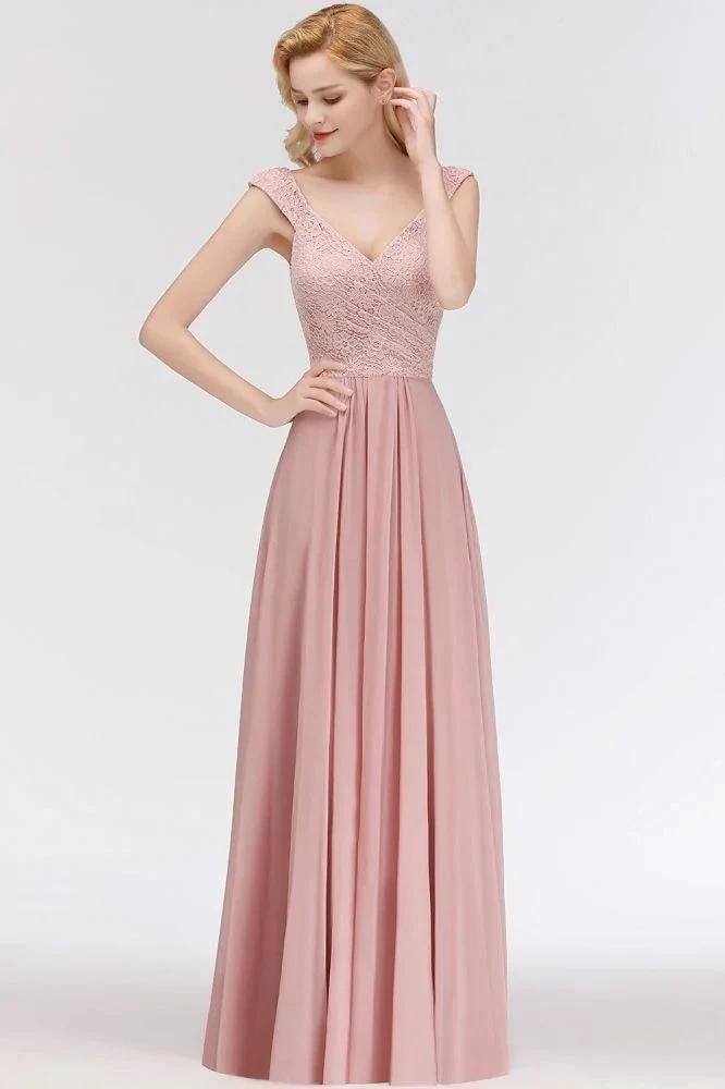 A-line Long V-neck Sleeveless Formal Party Dress Lace Top Chiffon Bridesmaid Dress (ZD13034)