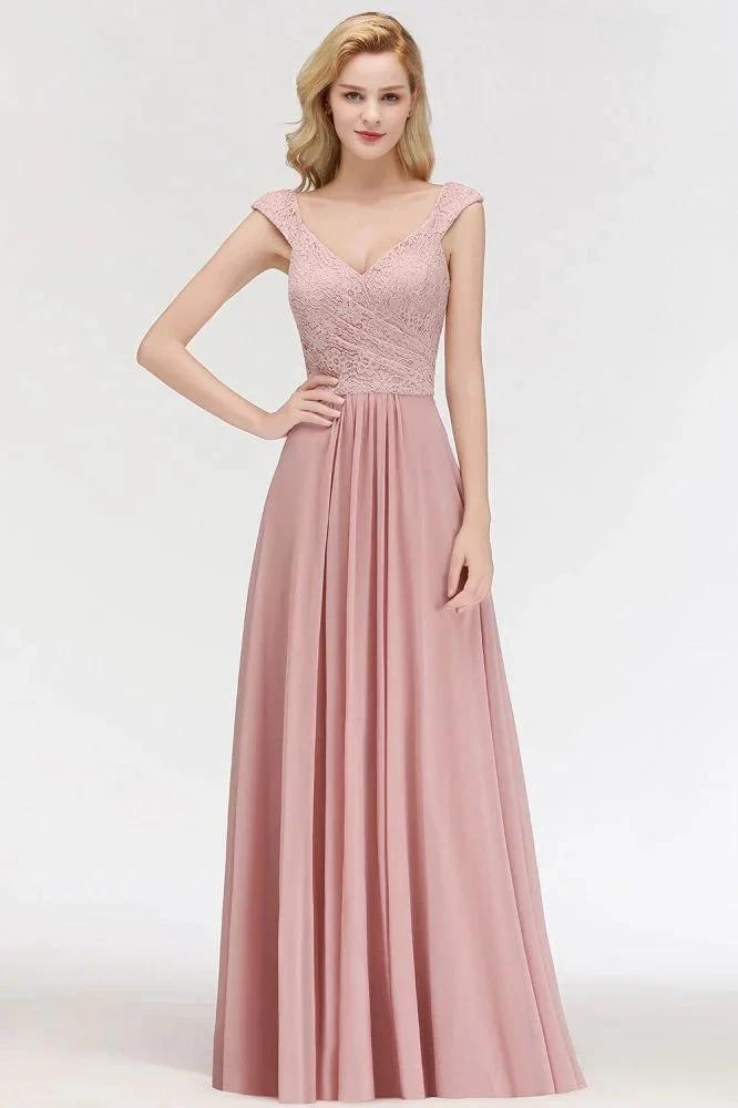A-line Long V-neck Sleeveless Formal Party Dress Lace Top Chiffon Bridesmaid Dress by misshow.com