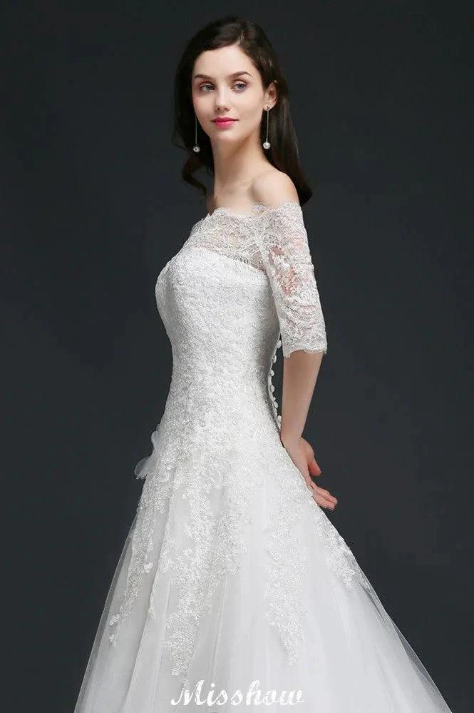A-line Off-the-Shoulder Court Train Tulle Wedding Dresses with Buttons (ZD13933)