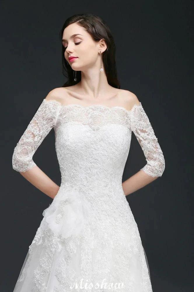 A-line Off-the-Shoulder Court Train Tulle Wedding Dresses with Buttons (ZD13933)