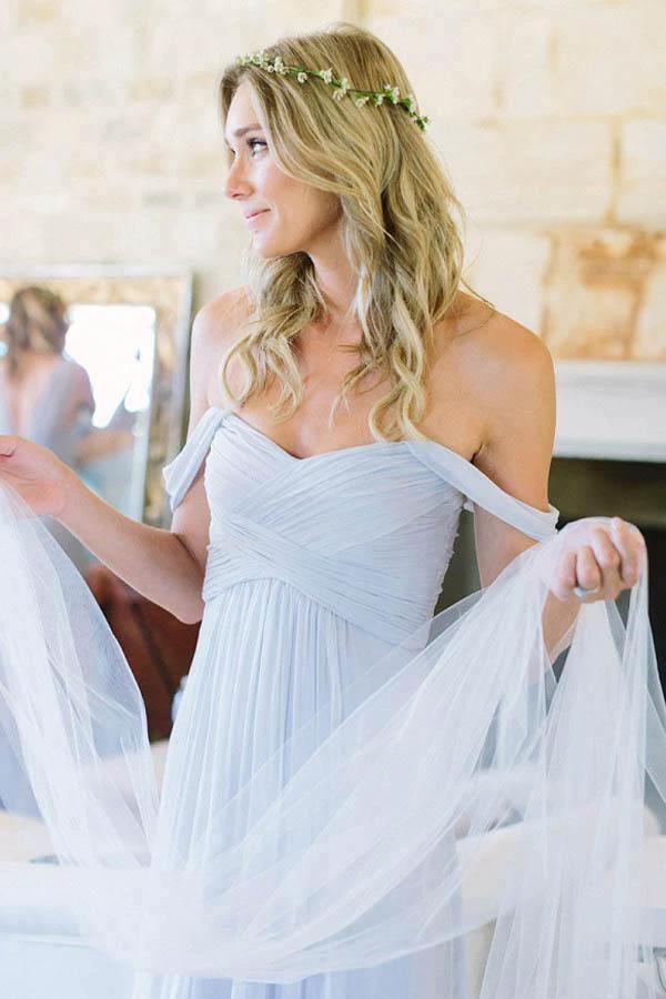 A-Line Off-the-Shoulder Floor-Length Light Blue Chiffon Bridesmaid Dress (ZD13240)