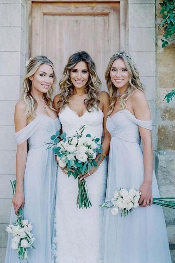A-Line Off-the-Shoulder Floor-Length Light Blue Chiffon Bridesmaid Dress BD065 by pgmdress