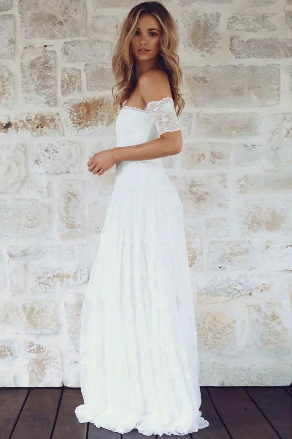 A-Line Off-the-Shoulder Short Sleeves Lace Boho Wedding Dress (ZD16018)