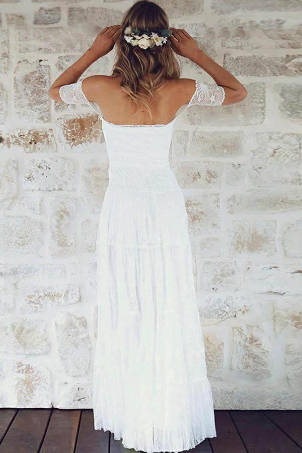A-Line Off-the-Shoulder Short Sleeves Lace Boho Wedding Dress (ZD16018)